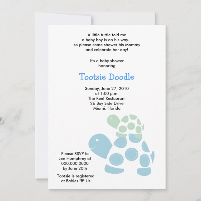 Convite Chá de fraldas verde & azul da tartaruga 5x7 da (Frente)