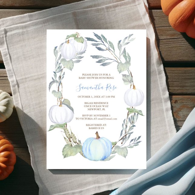 Convite Chá de fraldas verde azul e BRANCO (Pumpkin baby shower blue and white boy fall  watercolor )