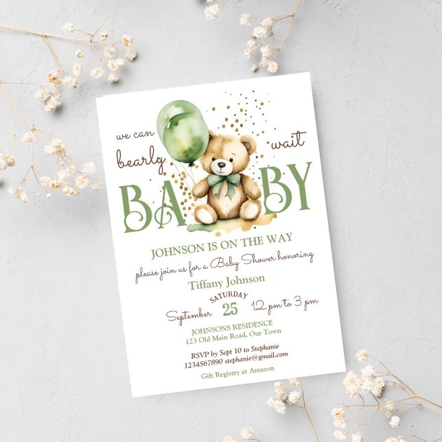 Convite Chá de fraldas verde-castanho de ursinho (Teddy bear bearly wait baby shower template invitation instant download sage green gold brown)