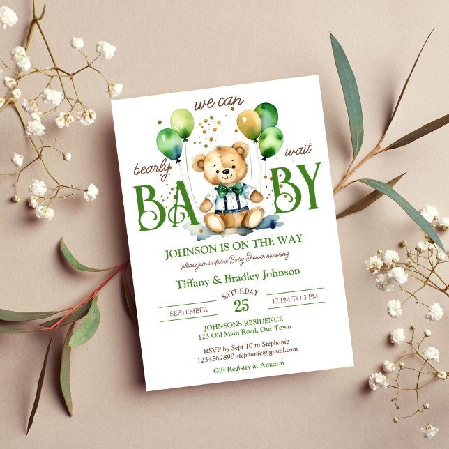 Convite Chá de fraldas verde-castanho de ursinho (Bearly wait green and brown teddy bear baby shower template invitation instant digital download )