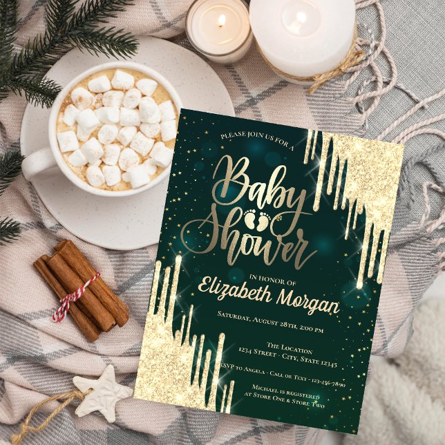 Convite Chá de fraldas Verde com Glitter Chic Elegante (Criador carregado)