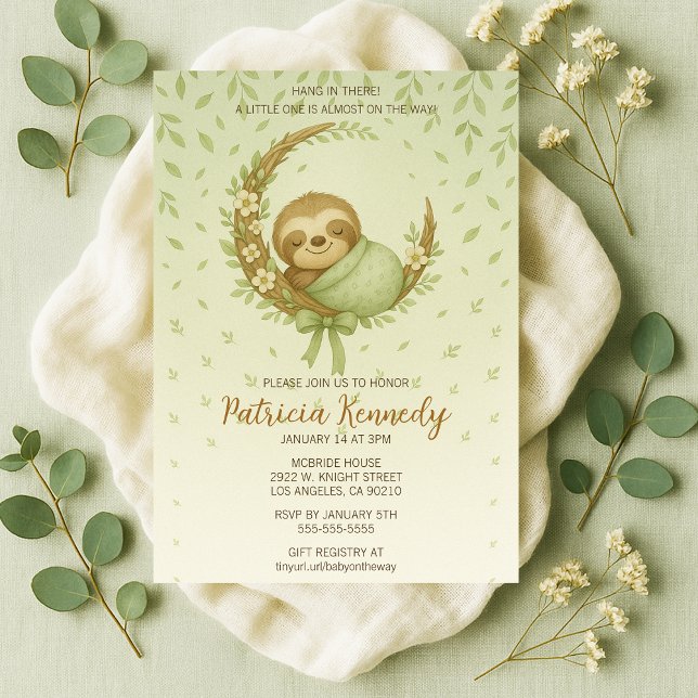 Convite Chá de fraldas Verde Cozy Sloth (Green Cozy Sloth Woodland Baby Shower Invitation
)
