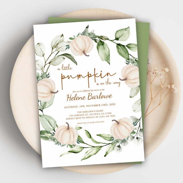 Convite Chá de fraldas verde da abóbora (Fall Pumpkin Greenery Baby Shower Invitation)