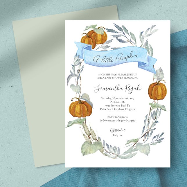 Convite Chá de fraldas verde da abóbora azul (pumpkin baby boy shower invitations )