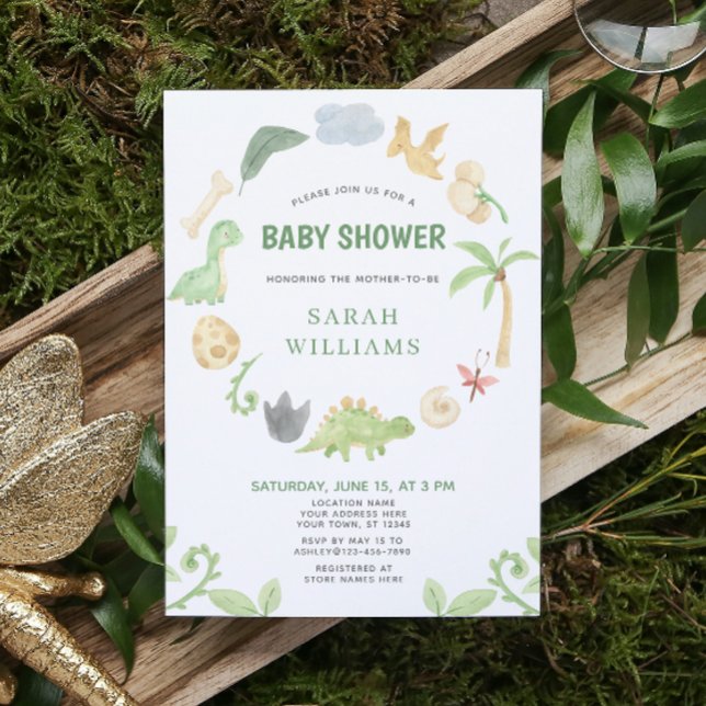 Convite Chá de fraldas Verde da Água do Dinossauro (Get ready for a Jurassic celebration with our adorable dinosaur baby shower invitations! 🦕)
