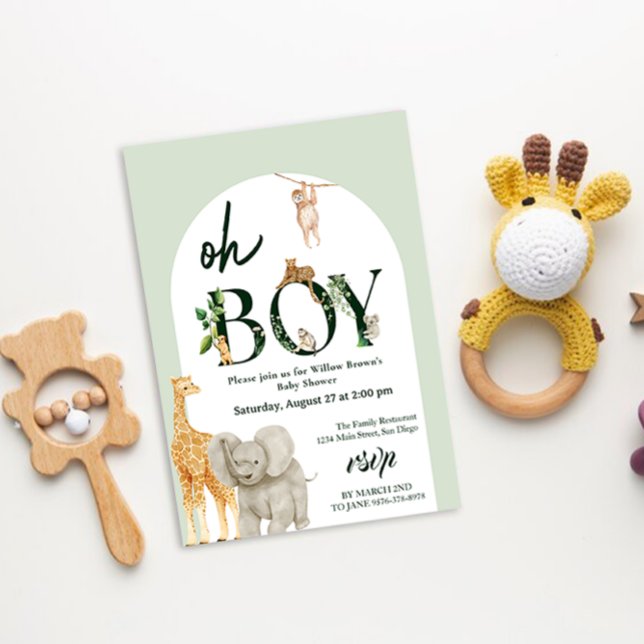 Convite chá de fraldas Verde da Selva Animal Safari (Oh Boy Safari animal baby shower )