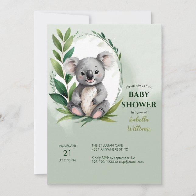Convite Chá de fraldas Verde de Aquarela do Urso Koala (Frente)