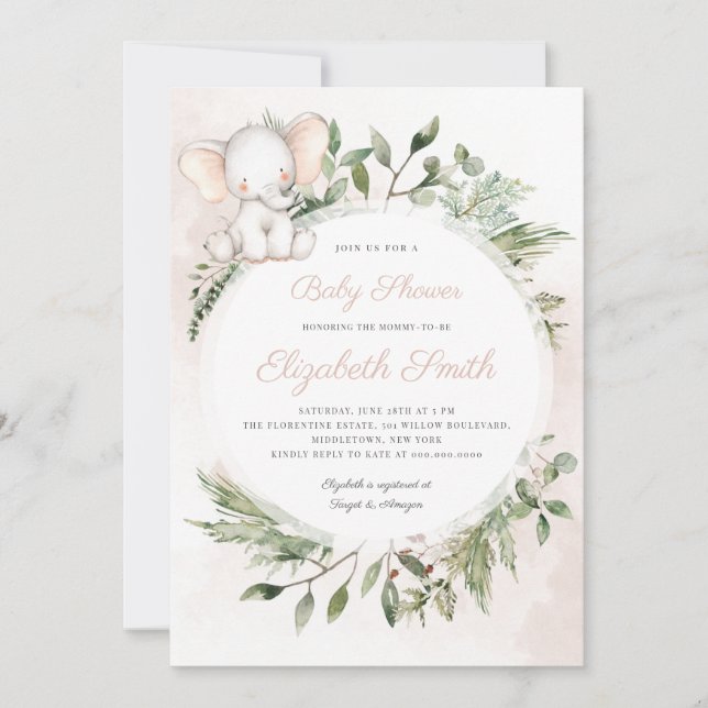 Convite Chá de fraldas verde de elefante de amendoim (Frente)