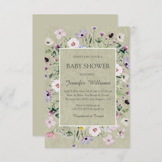 Convite chá de fraldas verde de flores silvestres elegante (Frente/Verso)