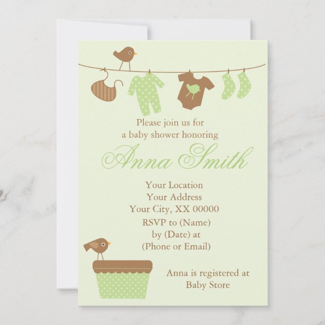 Convite Chá de fraldas verde do Clothesline (Frente)