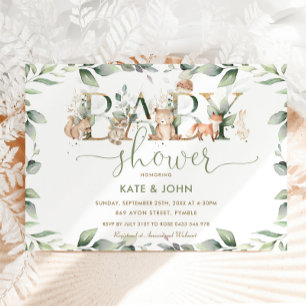 Convite Chá de fraldas Verde dos Animais das Florestas Qu