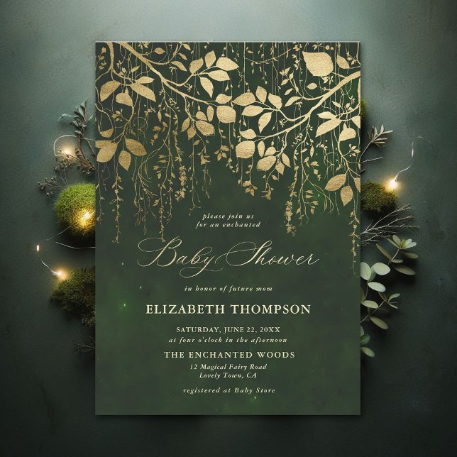 Convite Chá de fraldas Verde Dourado Floresta Encantada (Enchanted Forest Hunter Green Draped Greenery Modern Calligraphy Neutral Baby Shower Invitation)