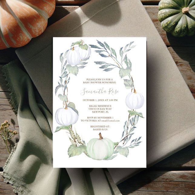 Convite Chá de fraldas Verde e BRANCO (gender neutral baby shower invitations watercolor fall pumpkin in green and white)