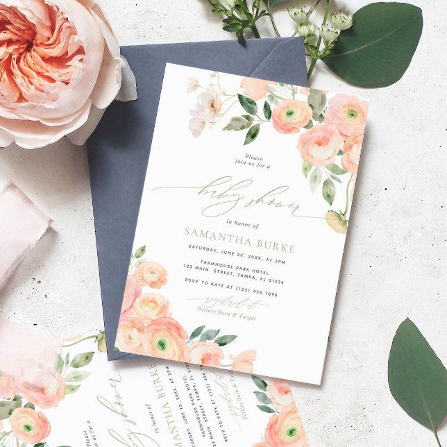 Convite Chá de fraldas Verde Elegante Blush & Sage (Criador carregado)