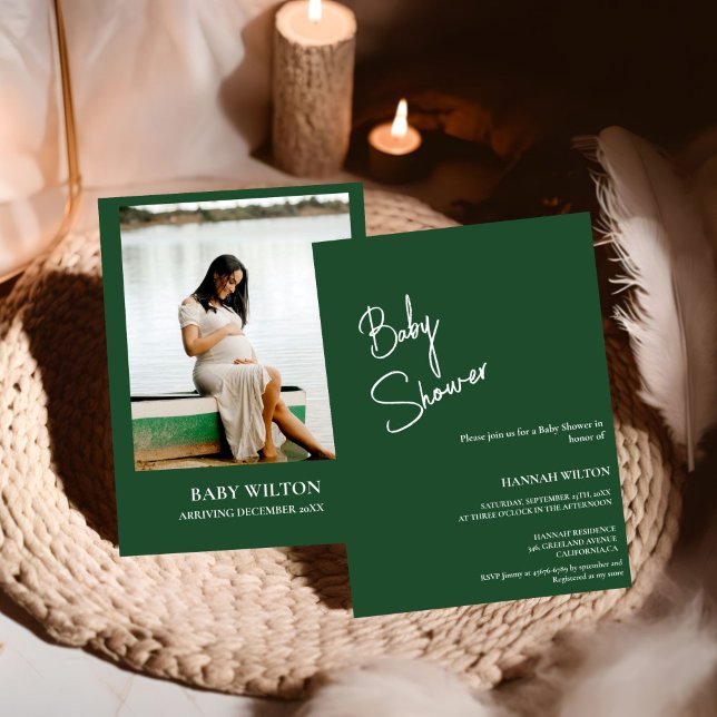 Convite Chá de fraldas verde Emerald moderno, escrito à mã (Criador carregado)