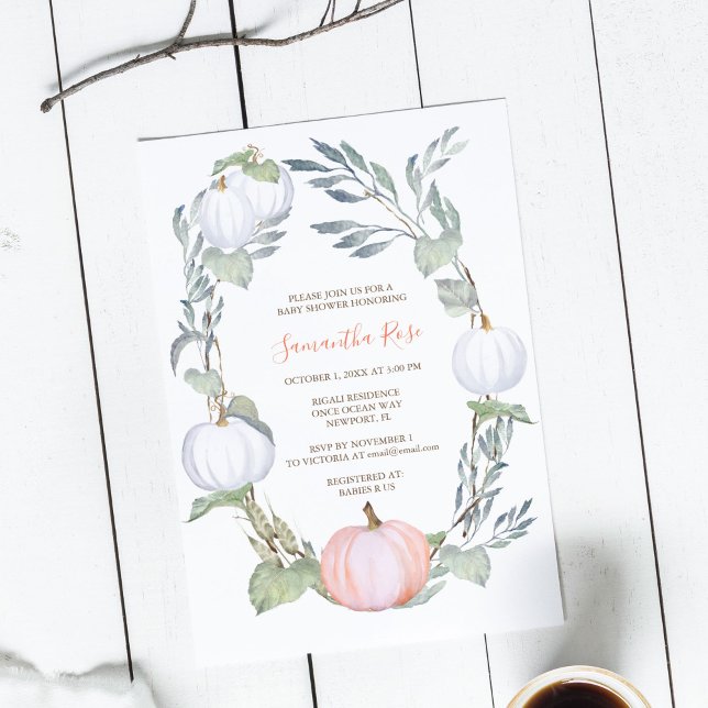 Convite Chá de fraldas verde laranja e BRANCO (Gender neutral baby shower invitations feature watercolor white and peach pumpkins. )