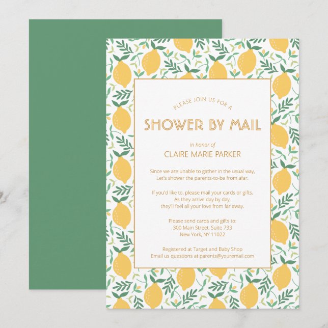 Convite Chá de fraldas verde limão amarelo Citrus Greenery (Frente/Verso)