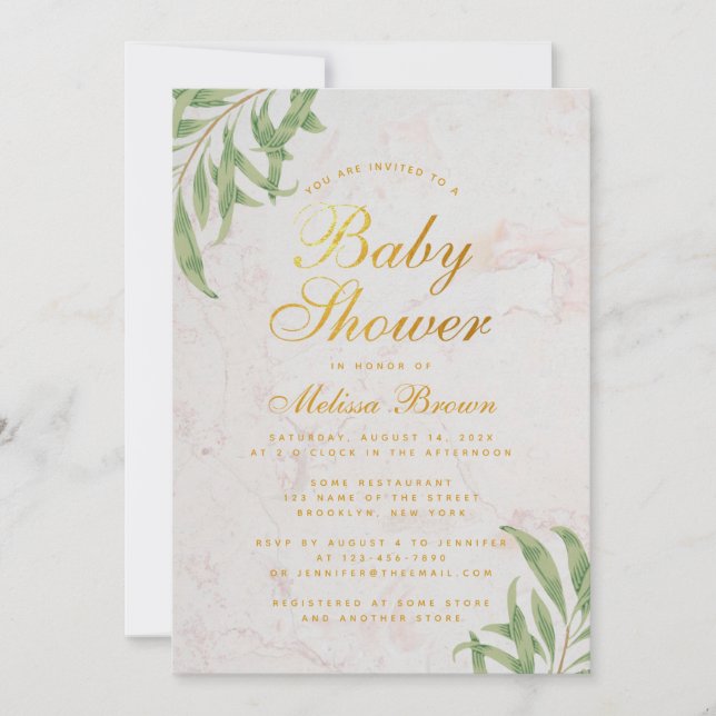 Convite Chá de fraldas Verde Marble Faux Gold Foil Script (Frente)