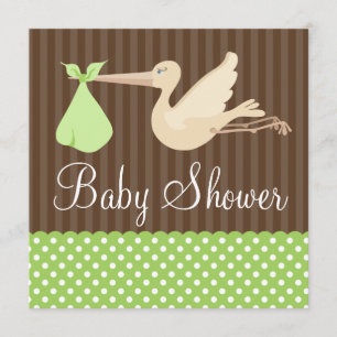 Convite Chá de fraldas Verde Marrom Stork Dots Gênero Ne