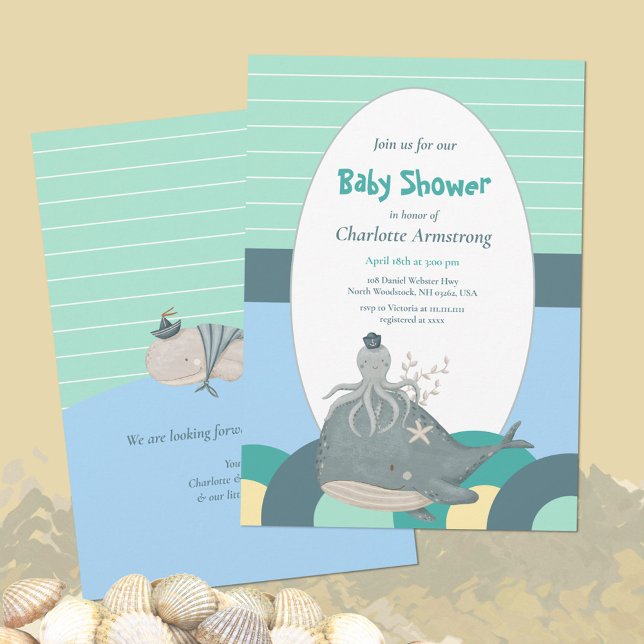 Convite Chá de fraldas Verde Octopus de Baleia Náutica Ado (Lovable Nautical Whale Squid Green Baby Shower Invitation ©Susanne Sachers - Sunny Mind Design 🌞)
