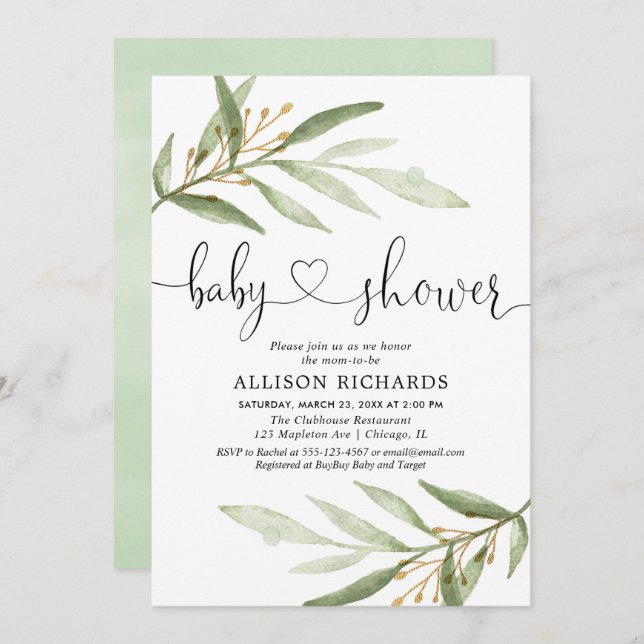 Convite chá de fraldas verde ouro verde neutro em função d (Frente/Verso)