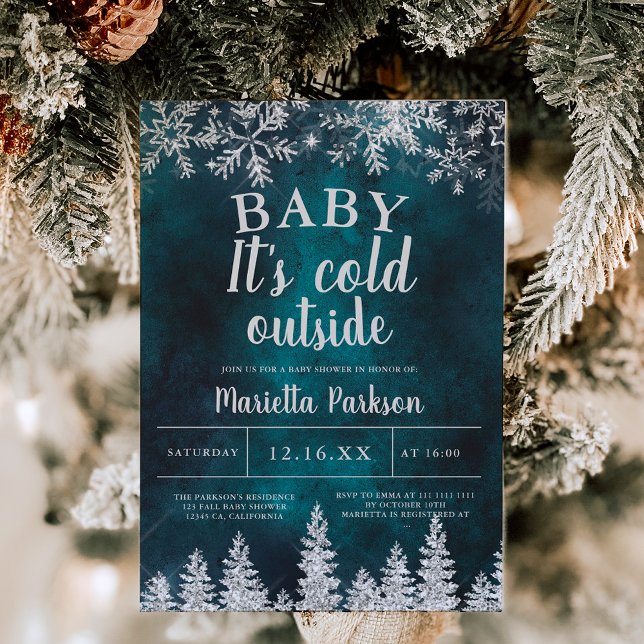Convite Chá de fraldas verde prateado de inverno (Winter Christmas silver snow green baby shower Invitation)