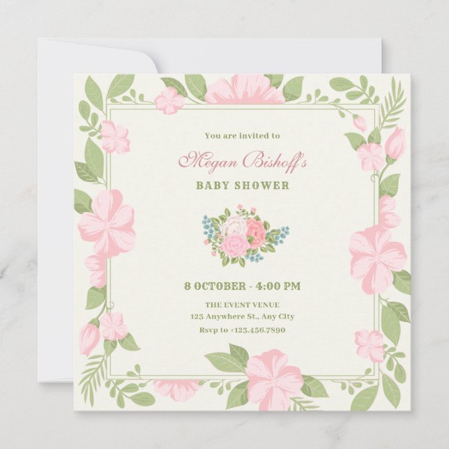 Convite Chá de fraldas verde rosa anel de casamento (Frente)