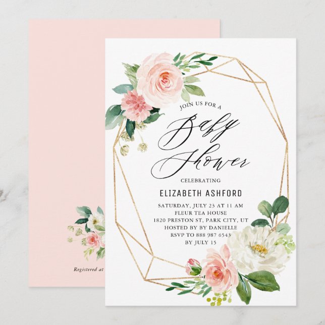 Convite Chá de fraldas verde-rosa-quadro Dourado geométric (Frente/Verso)