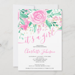 Convite Chá de fraldas verde-rosa rosa aquarela