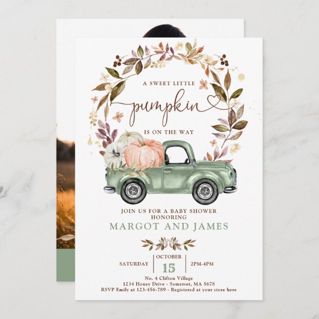Convite Chá de fraldas Verde Russo Pumpkin Pickup Truck Sa (Frente/Verso)