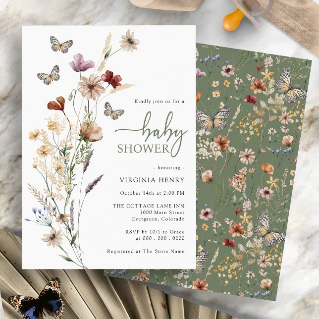Convite Chá de fraldas Verde Sage da Borboleta (Boho Wildflowers Butterfly Sage Green Baby Shower Invitation by Painted Paperie)