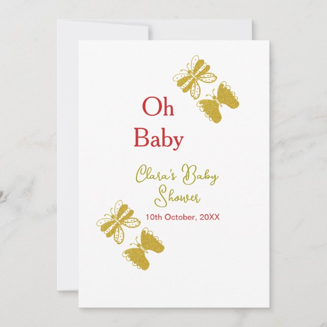 Convite chá de fraldas vermelho da borboleta ouro oh bebê  (Frente)