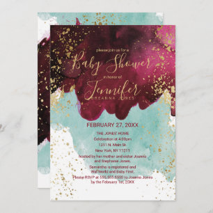 Convite Chá de fraldas vermelho do ouro da aguarela da