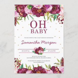 Convite chá de fraldas vermelho maroon blush rosa