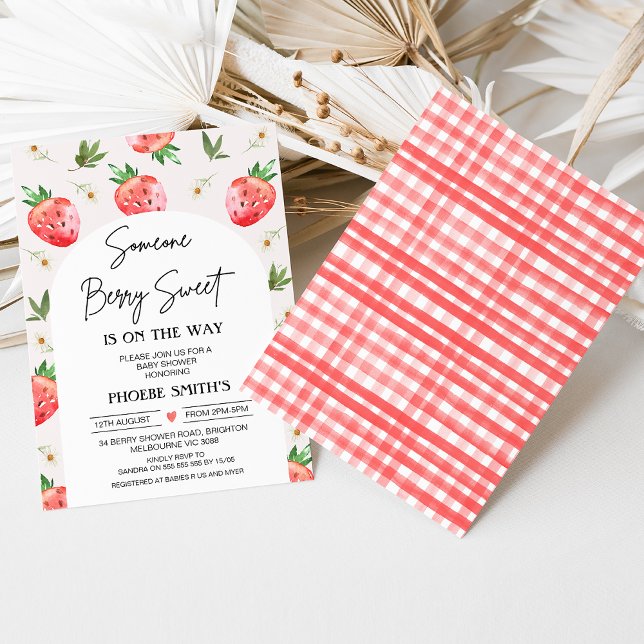 Convite Chá de fraldas Vermelho Rosa Morango Daisy Berry S (Girls Someone Berry Sweet is on the Way Baby Shower Invitation, Arch, Strawberry Strawberries Daisy)