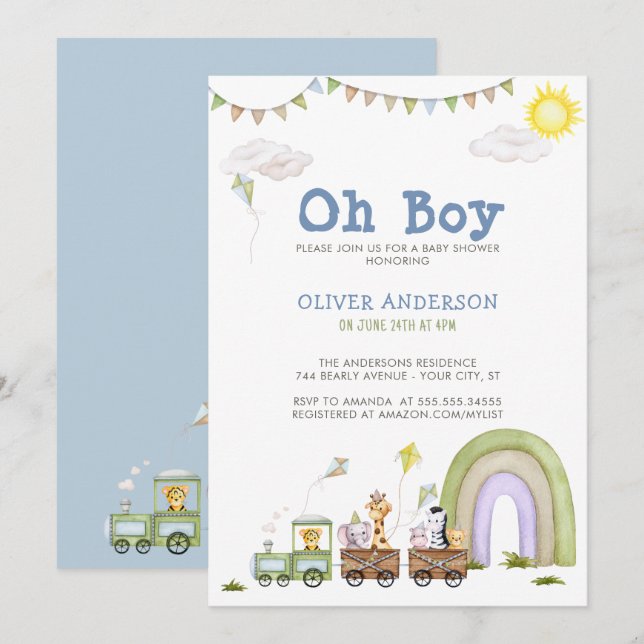 Convite Chá de fraldas Viagem para comboios azuis-brancos (Frente/Verso)