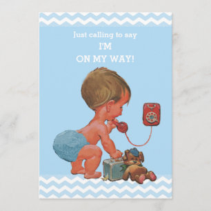 Convite Chá de fraldas Vintage Baby on Phone Blue Chevrons
