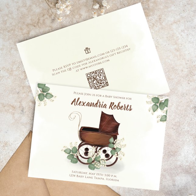 Convite Chá de fraldas Vintage Carruagem Greenery (Baby shower vintage baby carriage invitations. )