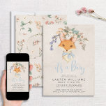 Convite Chá de fraldas Vintage Floral Fox Boy<br><div class="desc">Bem-vindos amigos e família para compartilhar no momento especial com este convite festivo de chá de fraldas com o tema da raposa floral! Apresentando uma adorável raposa de menino sob uma tosse floral clássica e "é um menino" escrito em azul, é certamente capturar os corações de seus convidados. A parte...</div>