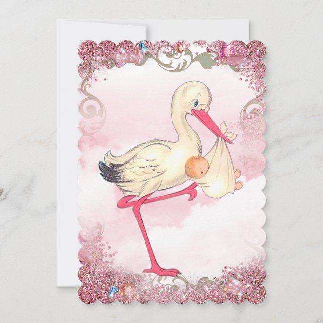Convite Chá de fraldas Vintage Pink Stork (Frente)