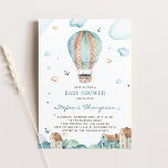 Convite Chá de fraldas Vintage Watercolor Hot Air Balloon<br><div class="desc">Vintage Blue Watercolor Ar Quente Balão-de-Ar Convocação para Chá de fraldas | Convite de chá de fraldas personalizável com ilustrações aquáticas de um balão de ar quente vintage com nuvens, estrelas, aves, triadas e com sotaques. Este convite vintage é perfeito para chás de fraldas de menino. Os textos são perfeitamente...</div>