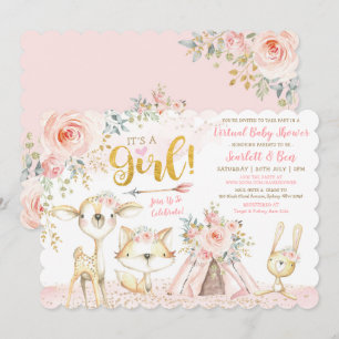Convite Chá de fraldas Virtual Blush Boho Floral Woodland