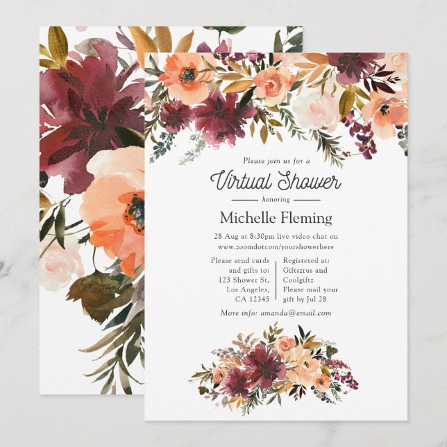 Convite Chá de fraldas Virtual Bordo Peach Watercolor (Frente/Verso)
