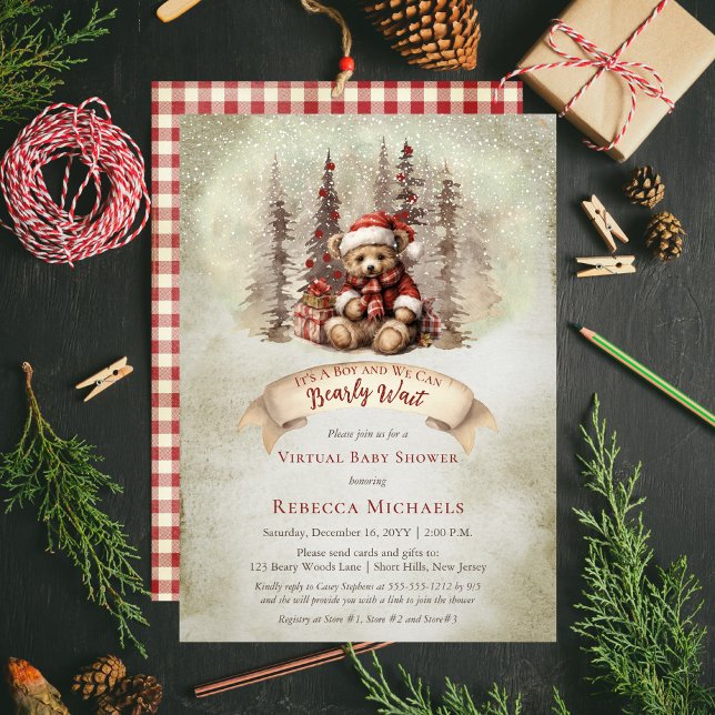 Convite Chá de fraldas Virtual Boy do Woodland Bear Barly  ("It's A Boy and We Can Bearly Wait" "Virtual Baby Shower" rustic woodland Christmas invite design)