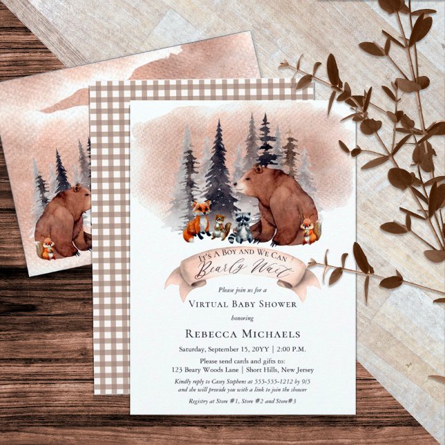 Convite Chá de fraldas Virtual Boy Esperado do Woodland Ba (Criador carregado)