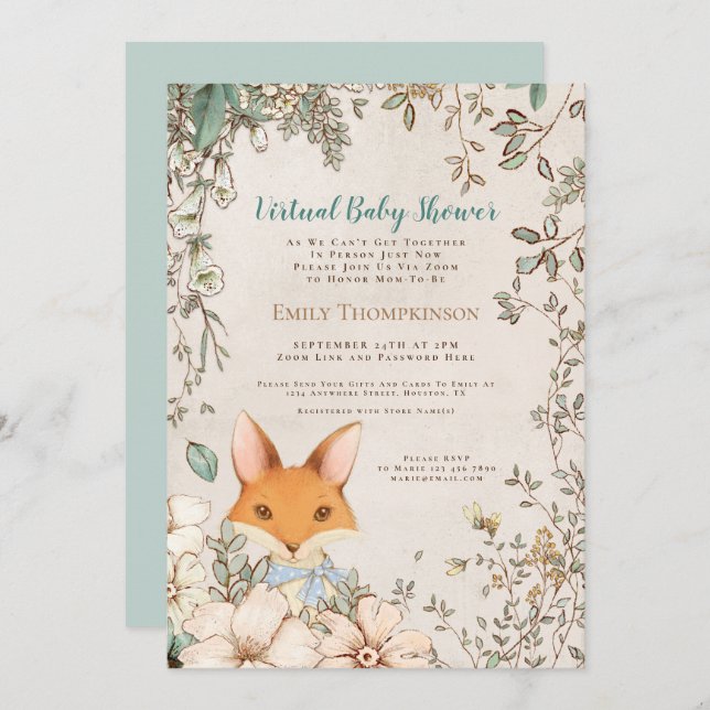 Convite Chá de fraldas Virtual Branco Floral de Folha de F (Frente/Verso)