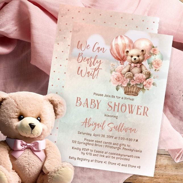 Convite Chá de fraldas Virtual da Rapariga do Urso de Tedd (Teddy Bear in a Hot Air Balloon - Pink Flowers "We Can Bearly Wait" Girl Virtual Baby Shower Invite)
