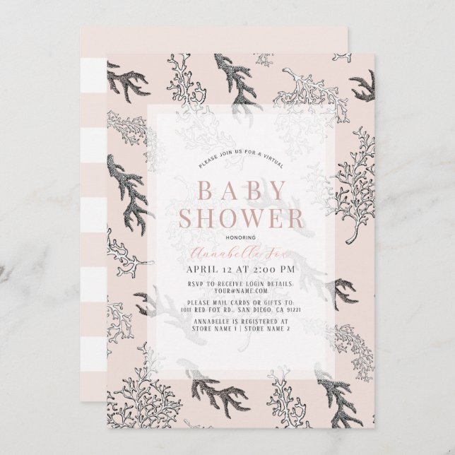 Convite Chá de fraldas Virtual da Rosa claro de Padrão Cor (Frente/Verso)