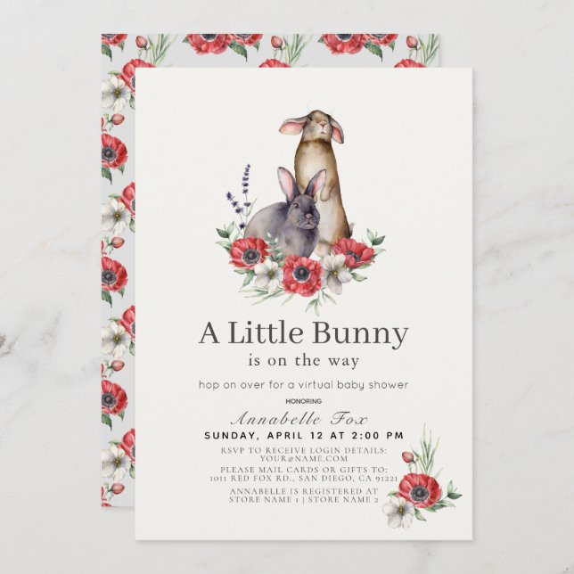 Convite Chá de fraldas Virtual de Anemone Vermelho Pequeno (Frente/Verso)