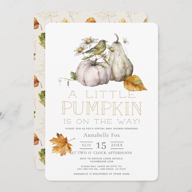 Convite Chá de fraldas Virtual de Aquarela de Pumpkin de P (Frente/Verso)